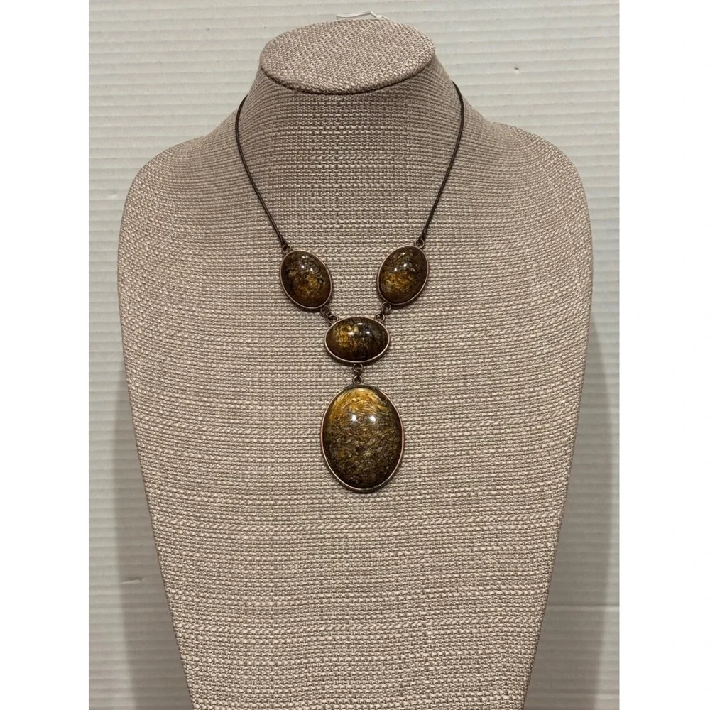 Boho Copper Tone Tiered Statement Necklace Faux Pietersite Resin Oval Pendants